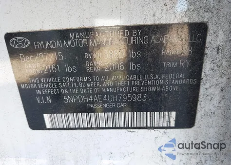 2016 Hyundai Elantra Limited из США, поврежденный, VIN 5NPDH4AE4GH795983